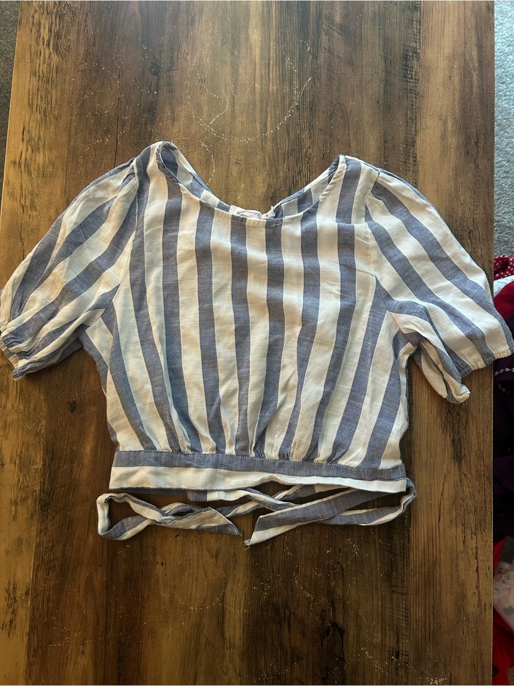 Striped Blue and White Tie-Waist Women’s Top, Medium
